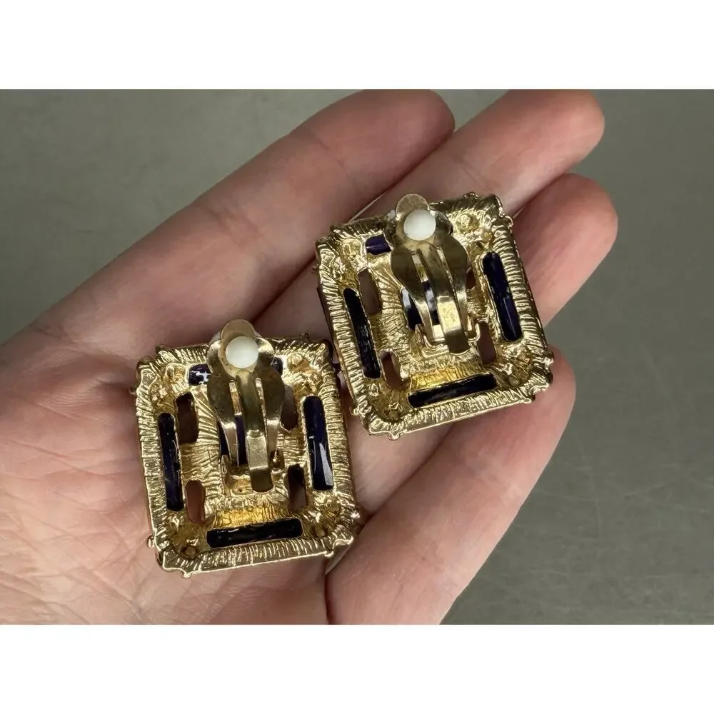 Vintage Chunky Gold Square Blue Clip On Earrings 1980s Faceted